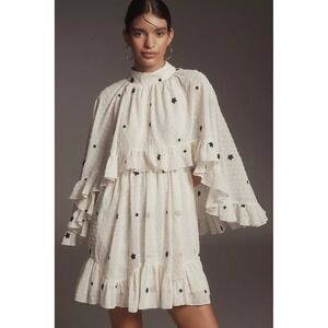 Anthropologie x Mare Mare Embroidered Chiffon Cape Swing Mini Dress Swiss Dot MP